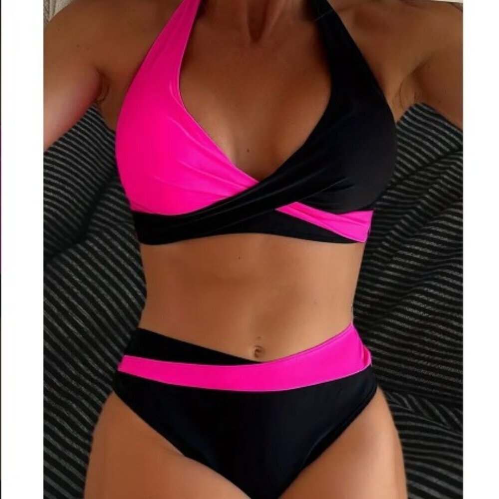 3/$20 Bundle 🌈 Black & Hot Pink Colorblock Halter Bikini Set Size Small